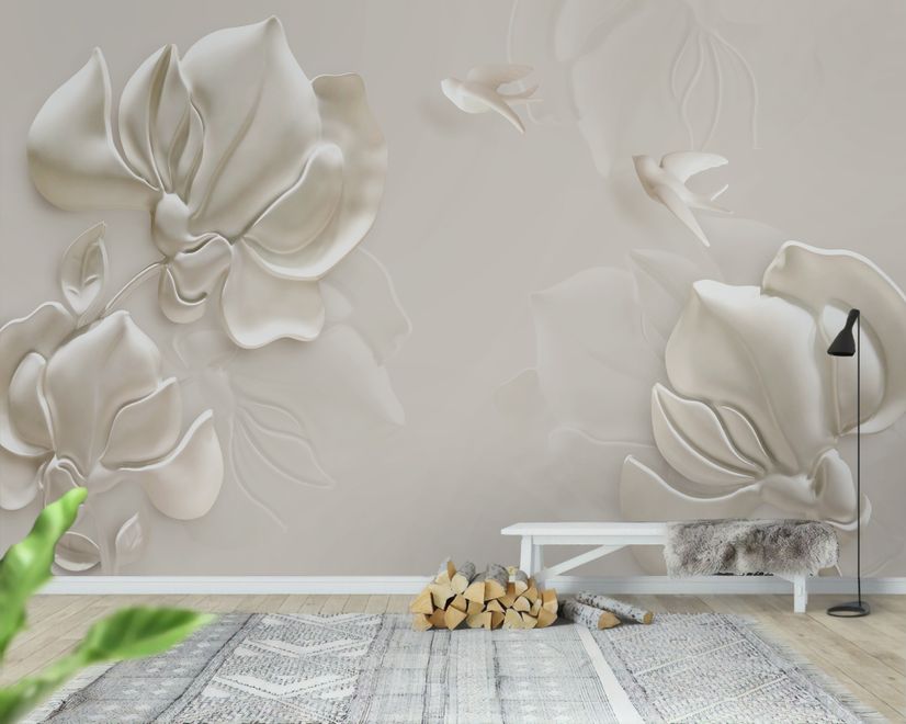 3D Embossed Look Magnolia Floral Art Wallpaper Mural
