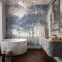 Blue forest background wallpaper mural with coastal trees, sea water and small white sailboats