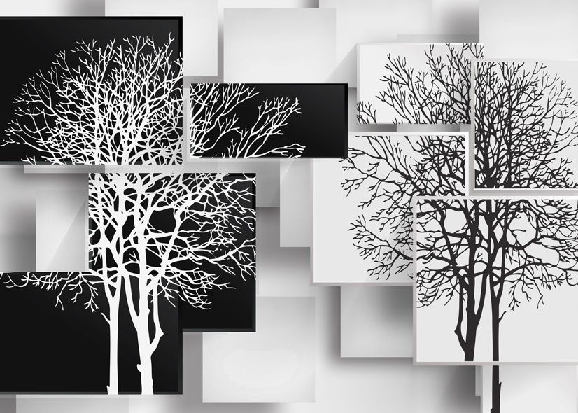 Black White Tree with Abstract Cube Wallpaper Mural