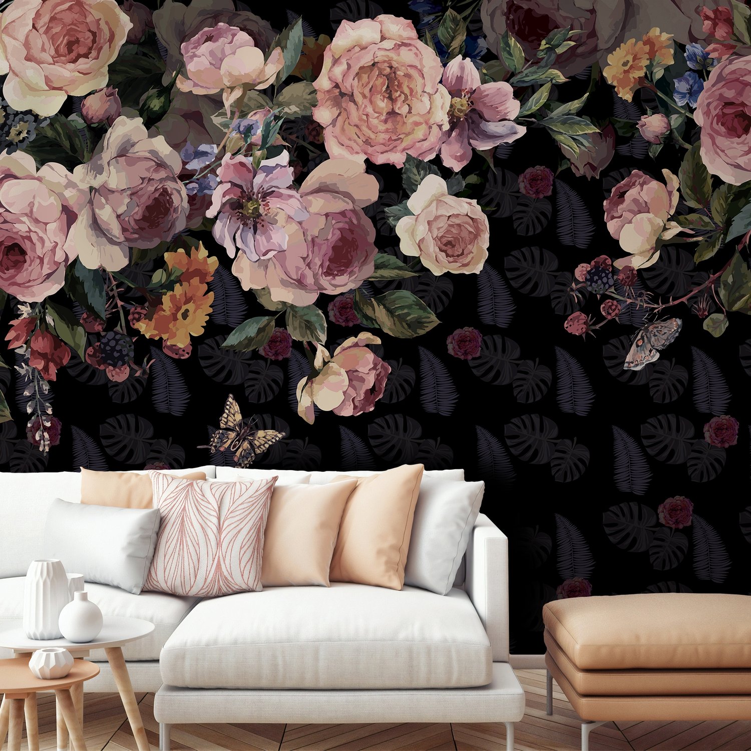 Vintage Dark Pink Flowers Wallpaper Mural - Peel and Stick