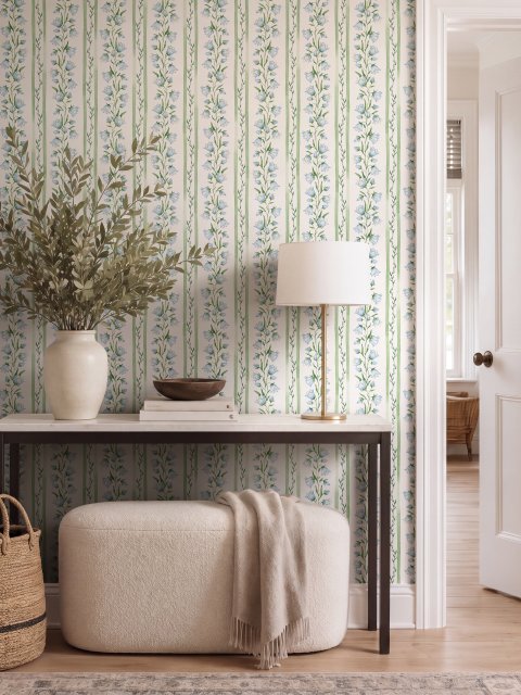 Blue floral stripe wallpaper with pale sky-blue bell flowers, green vines and sage bands on white
