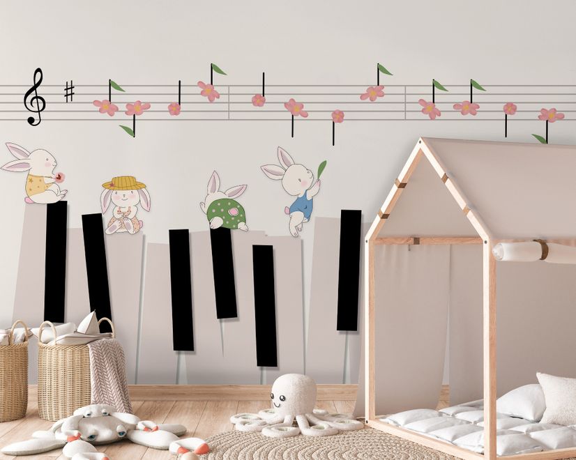 Cartoon Piano with Rabbits Wallpaper Mural