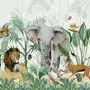 Kids Tropical Safari Animals with Green Leafs Wallpaper Mural