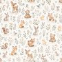 Woodland nursery wallpaper pattern with watercolour fawns, fox cubs, rabbits, teddy bears, birds and ducklings on cream