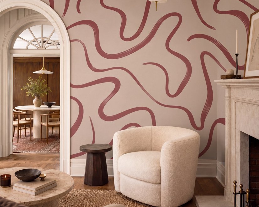Burgundy-red looping contour lines on blush cream pink wallpaper mural