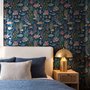 Aquarium fish tank wallpaper repeat with tropical fish, coral, seaweed, shells and bubbles on deep navy blue