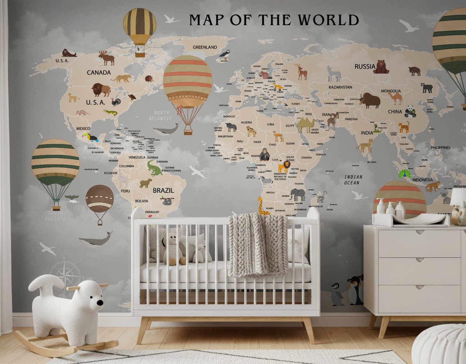 Kids World Map with Vintage Hot Air Balloon Wallpaper Mural - Peel and Stick