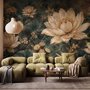 Ivory lotus flowers and seed pods on charcoal teal lily pads in a botanical lotus wallpaper mural