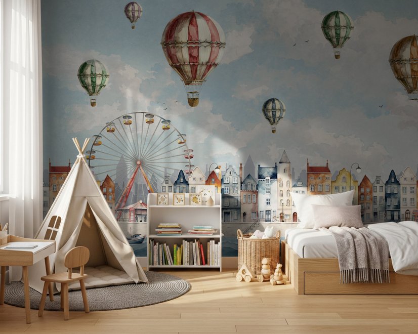 Kids Harbor Village and Hot Air Balloons Wallpaper Mural