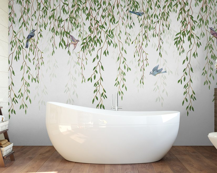 Green Hanging Leaves with Colorful Birds Wallpaper Mural