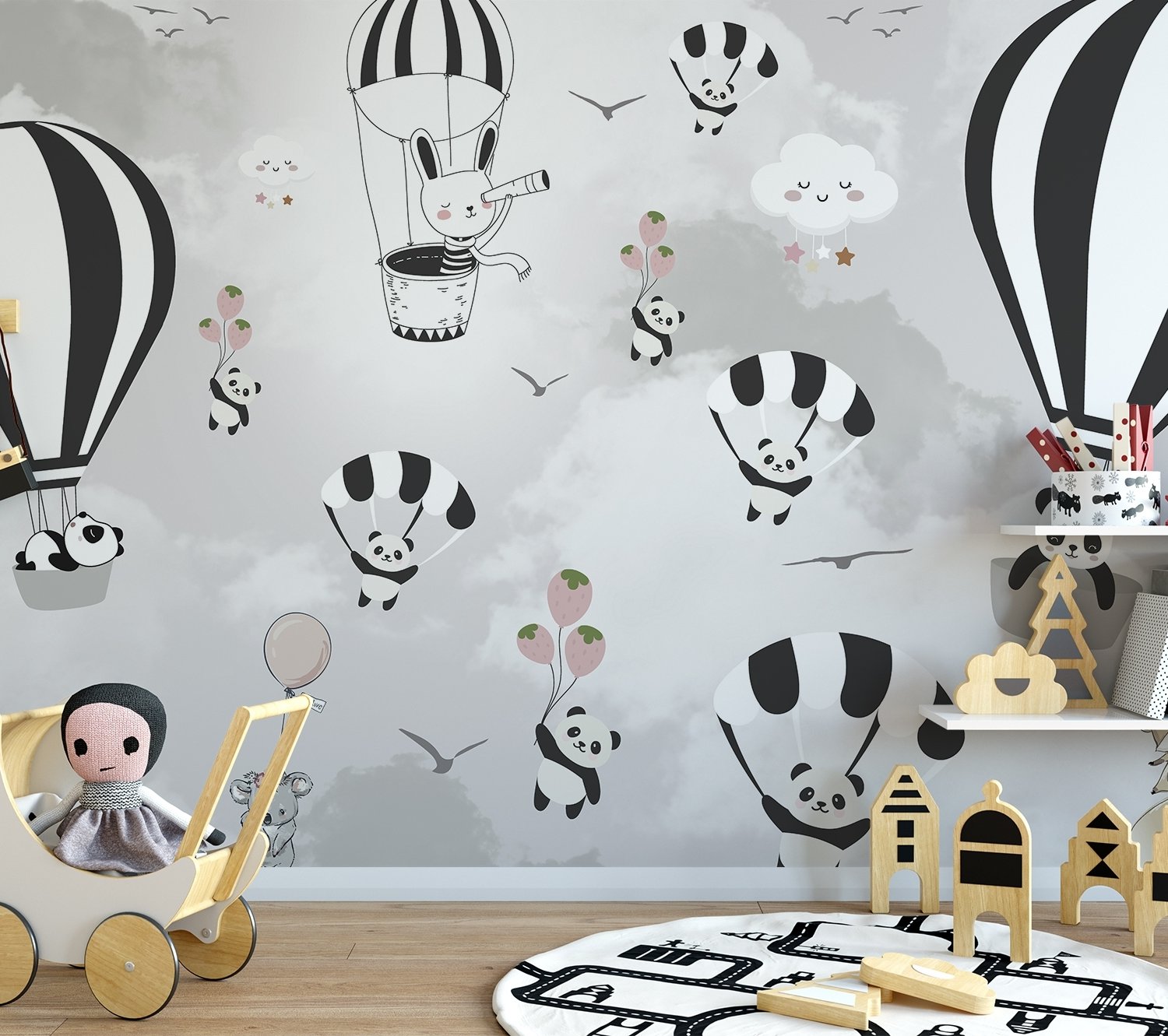 Hot Air Balloon with Cartoons Animals Kids Nursery Wallpaper Mural - Peel and Stick