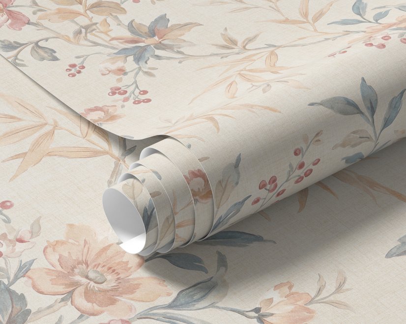 Pink chinoiserie wallpaper with watercolor flowers, blue-grey leaves and red berries on a cream linen-texture ground