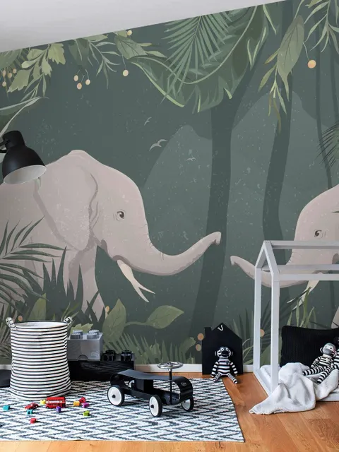 Cute Elephants on The Tropical Jungle Kids Wallpaper Mural
