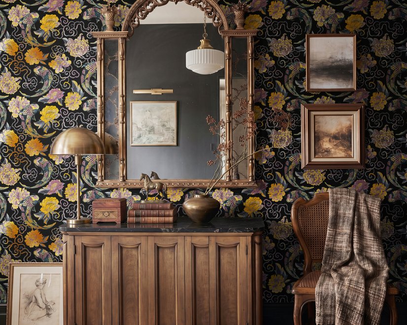 Japanese art wallpaper pattern with koi fish, gold peonies, mauve flowers and grey clouds on black