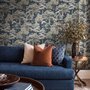 Navy wallpaper with warm ivory and taupe grey toile tree repeat on deep slate blue ground