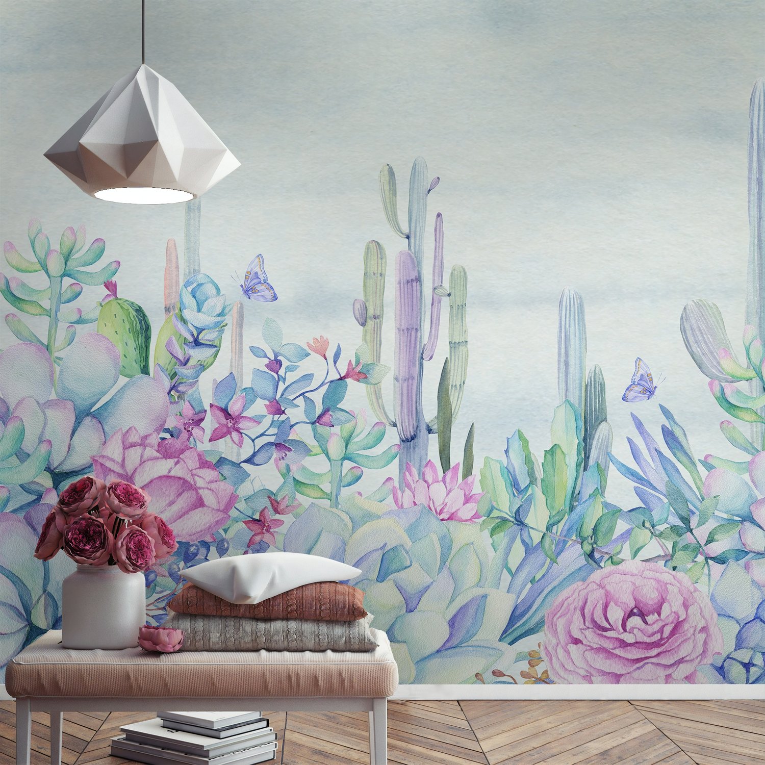Vintage Hydrangea Flowers and Cactuses Wallpaper Mural - Peel and Stick