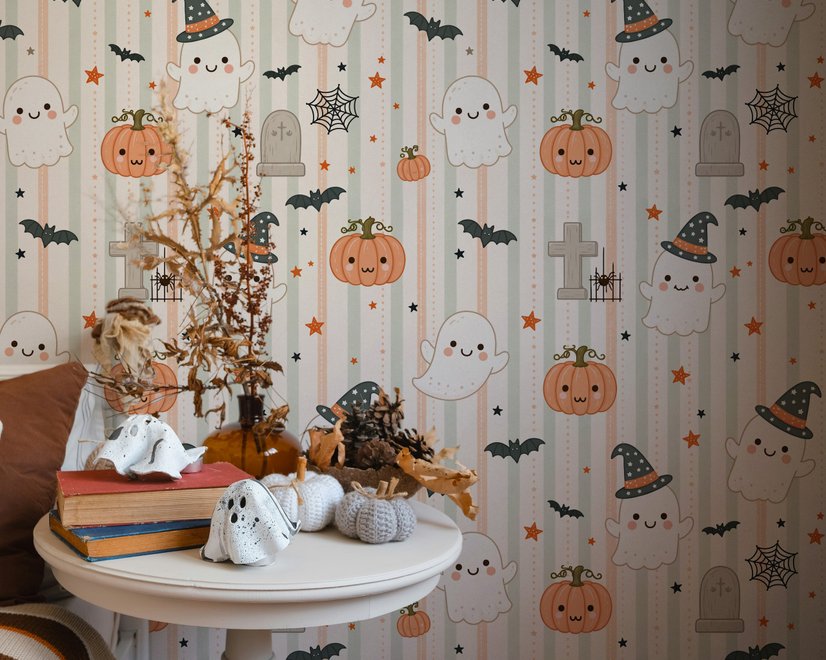 Cute autumn wallpaper with white ghosts, orange pumpkins, black bats and sage striped background
