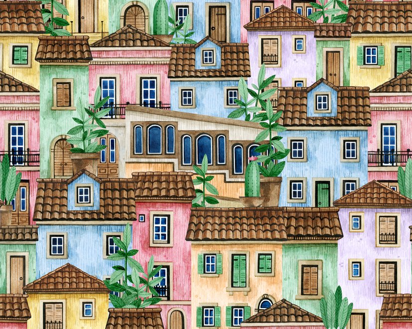 Kinder Aquarell Mittelalterliches Haus mit Pflanzen Fototapete