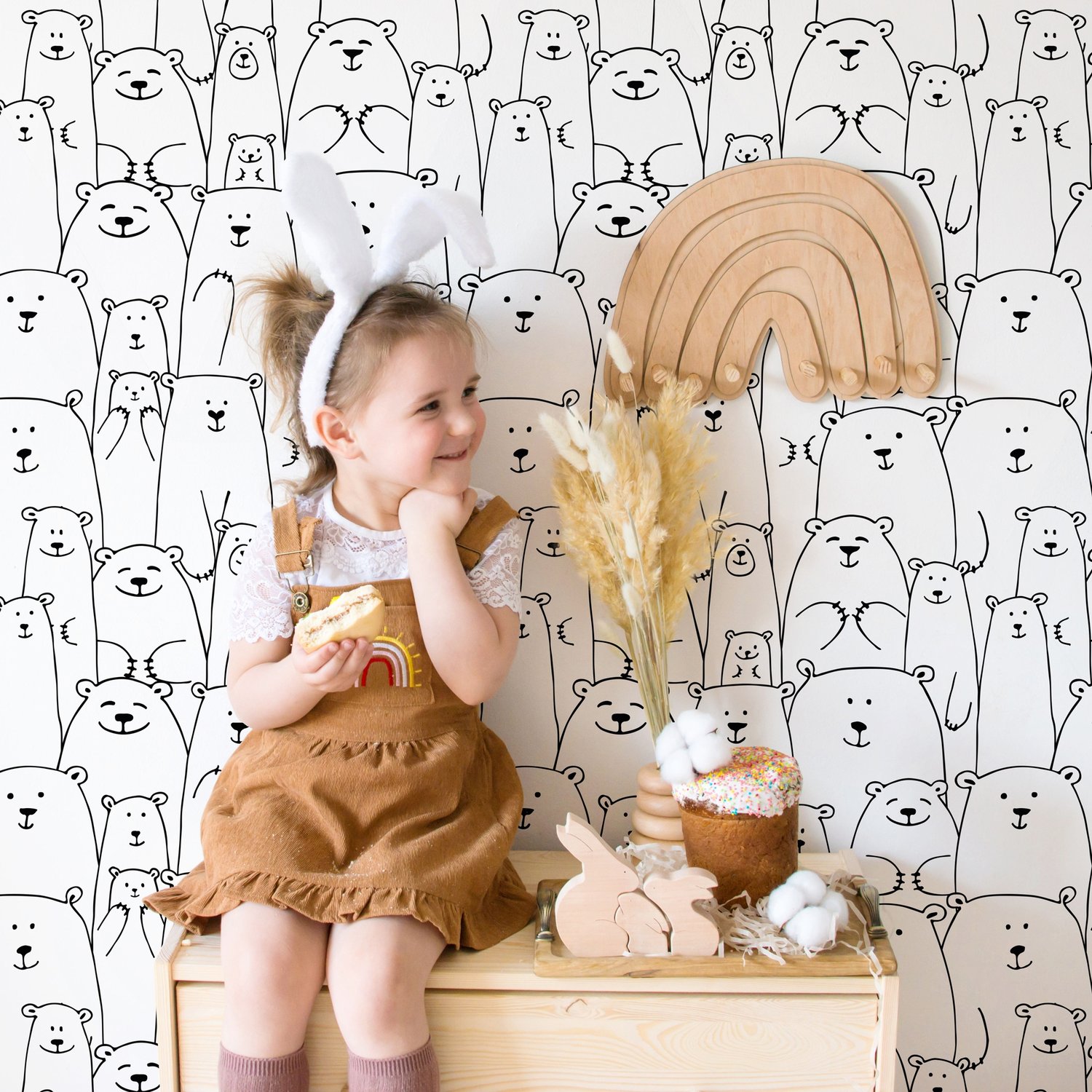 Handgezeichnete Fototapete mit niedlichen Bärchen für Kinderzimmer - Selbstklebende