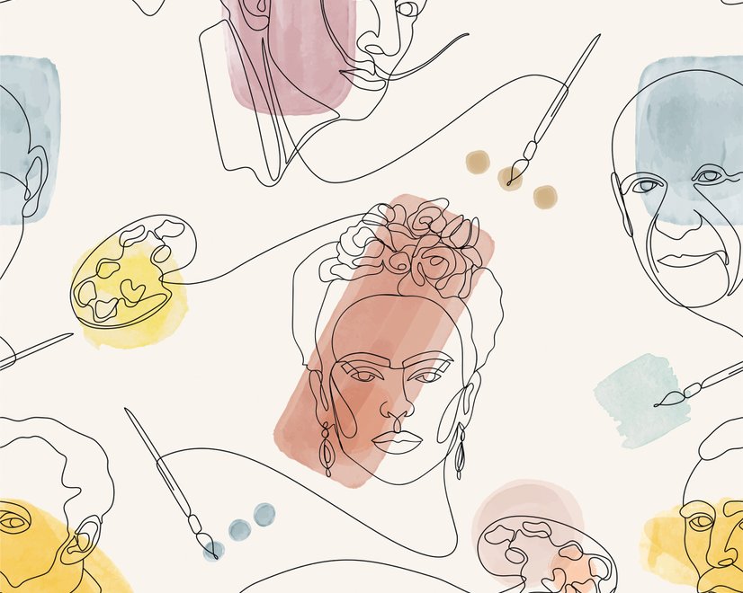 Papier peint panoramique visage artiste trait pinceau abstrait coloré