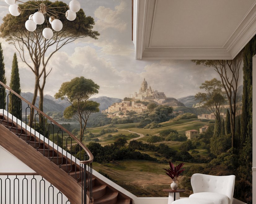 Vintage oil painting wallpaper of cypress trees, villas and a domed cathedral in an Italian landscape