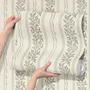 Green aesthetic wallpaper with sage leafy sprigs, fine vertical rules and dotted borders on cream ivory