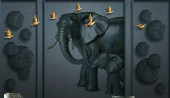 3D Embossed Look Dark Elephant and Birds Wallpaper Mural