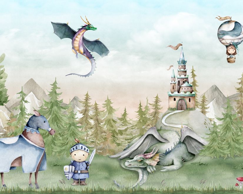 Papier peint dragons conte fée prince princesse enfants