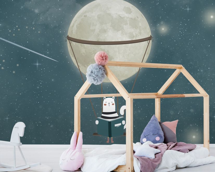 Swinging Cat with Shining Moon Children Wallpaper Mural