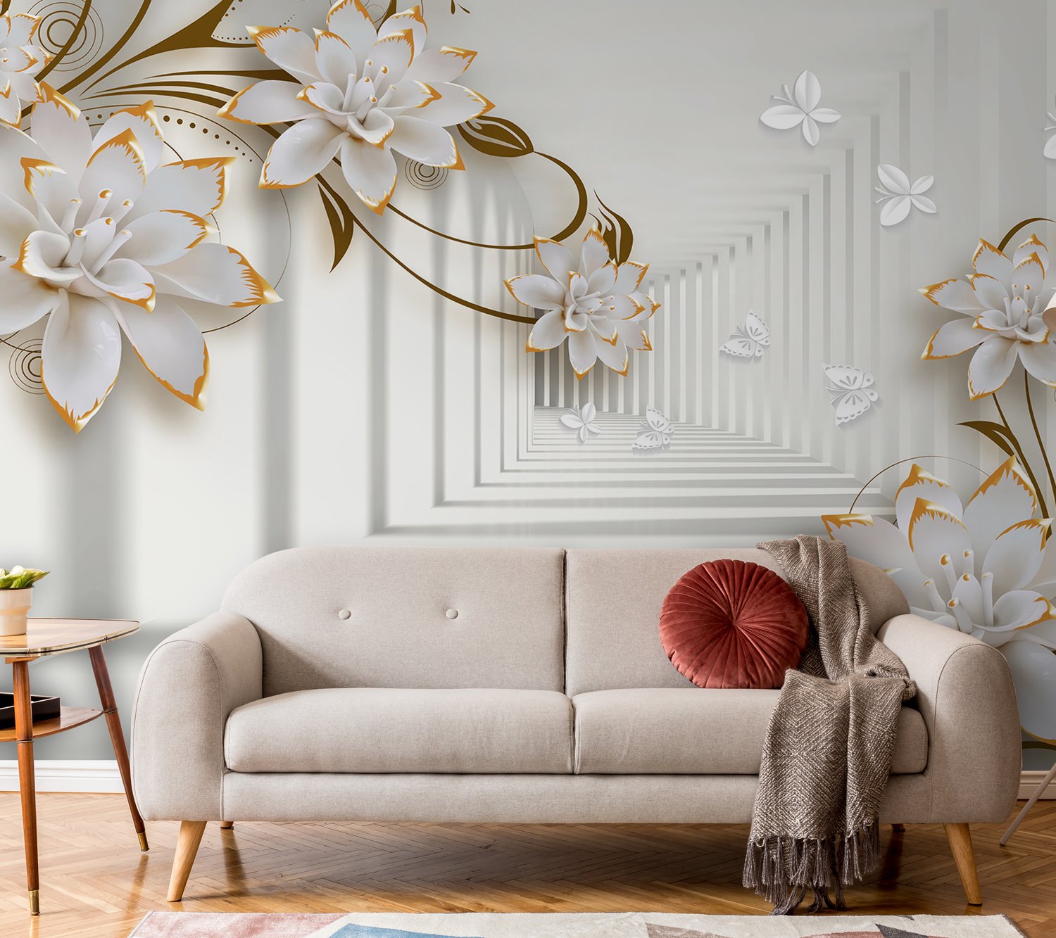 Lily Floral with Abstract Corridor Wallpaper Mural - Peel and Stick