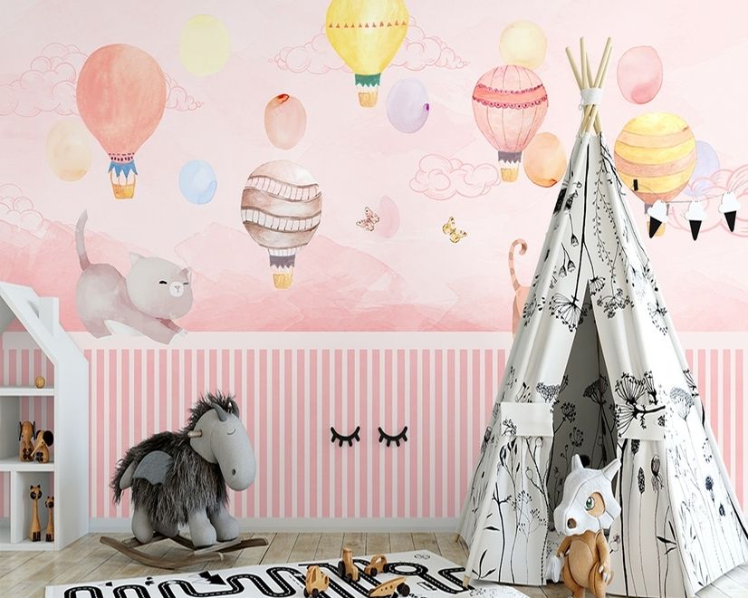 Watercolor Pink Sky with Cute Cat and Hot Air Balloon Wallpaper Mural