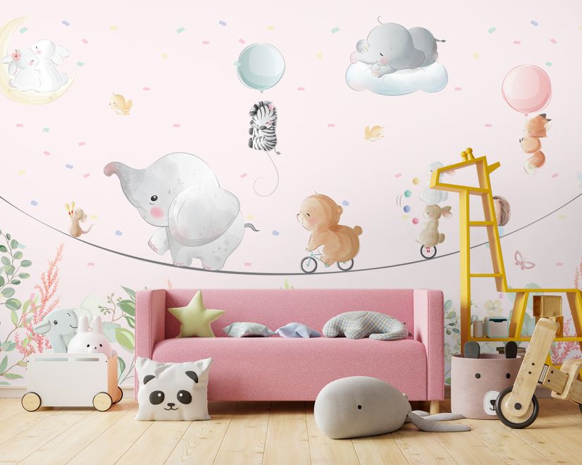 Cute Flying Animals with Funny Circus Wallpaper Mural