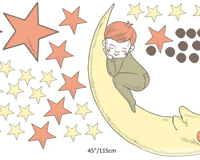 Nursery Smiling Moon with Orange and Yellow Stars Wall Decal Sticker