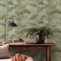 Light green and blue wallpaper with painted sage bamboo canes, olive leaves and pale celadon foliage ground