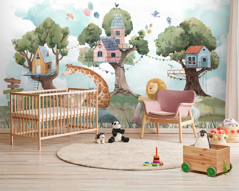 Kinder Fototapete Waldtiere mit Baumhaus