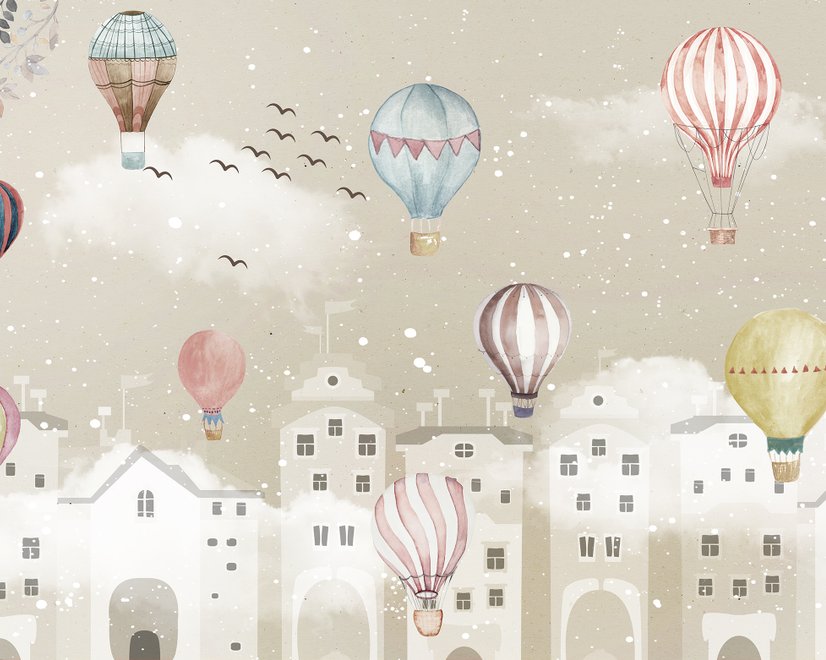Kids Nursery Cartoon Winter and Little Hot Air Balloon Wallpaper Mural