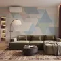 Pastel abstract wallpaper with overlapping sky blue, blush, cream, sage and grey textured triangles