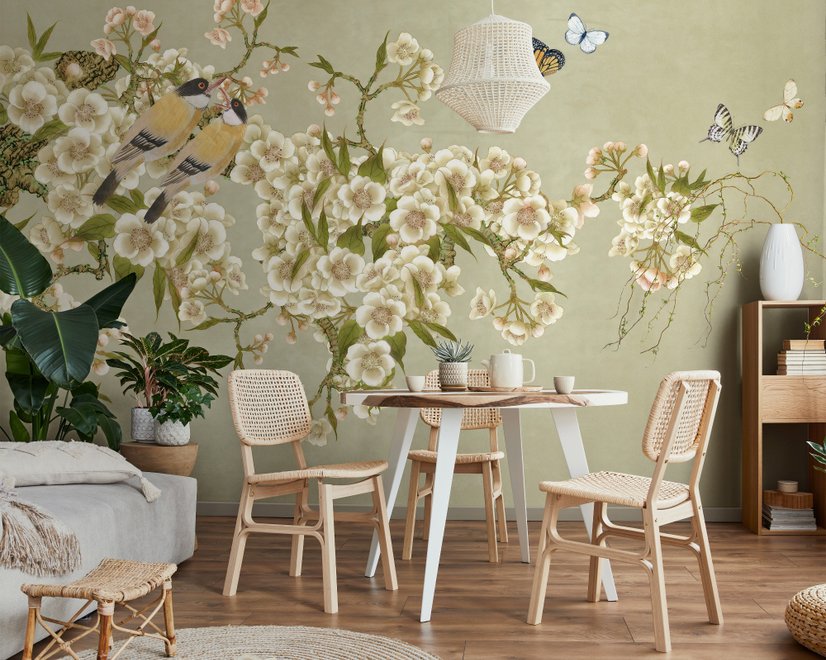Papier peint panoramique art floral bégonia crème