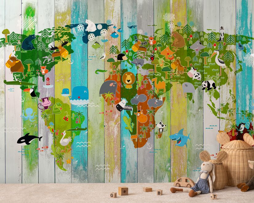 Kids World Map on the Colorful Wood Wallpaper Mural