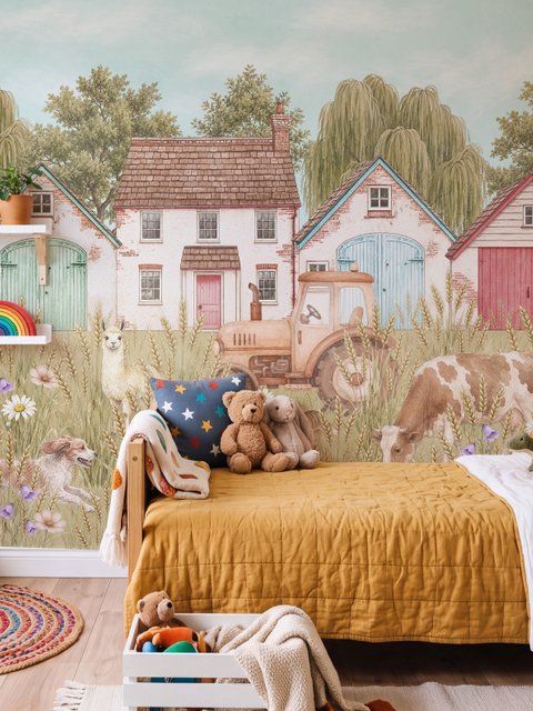 Watercolour rustic farmhouse wallpaper mural with horse, cow, llama, dog, tractor and cottage barns in a wheat meadow