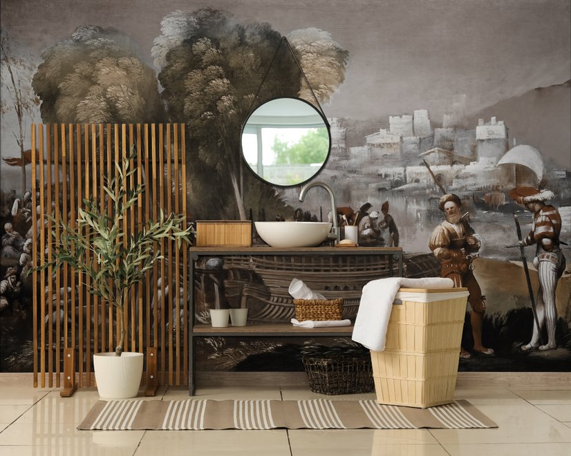 Medieval Lake Landscape with Boats Wallpaper Mural