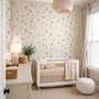 Woodland nursery wallpaper pattern with watercolour fawns, fox cubs, rabbits, teddy bears, birds and ducklings on cream
