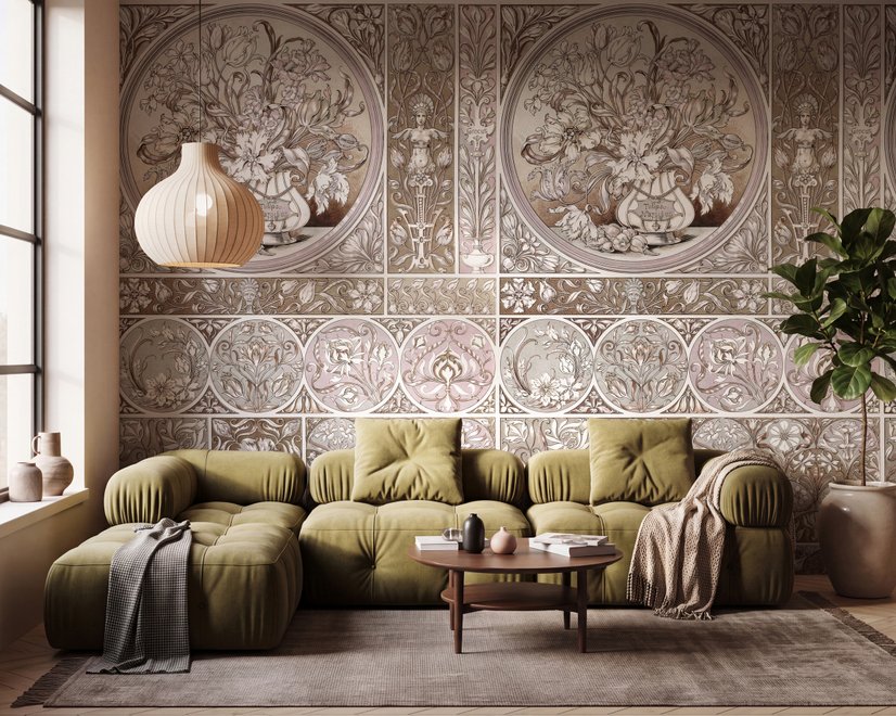 Antique wallpaper mural with Art Nouveau floral tile panels, sepia borders and blush botanical medallions