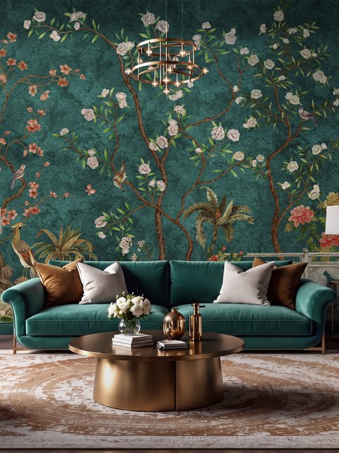 Floral wallpaper with birds in a teal chinoiserie garden with blossoms, pheasant, palms and stone railings