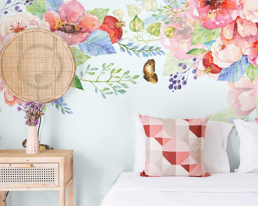 Pink Boho Vine Florals Wallpaper Mural
