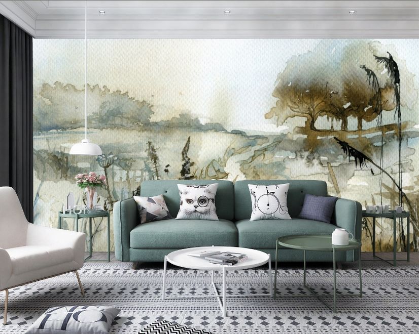 Watercolor Style Botanical Landscape Wallpaper Mural