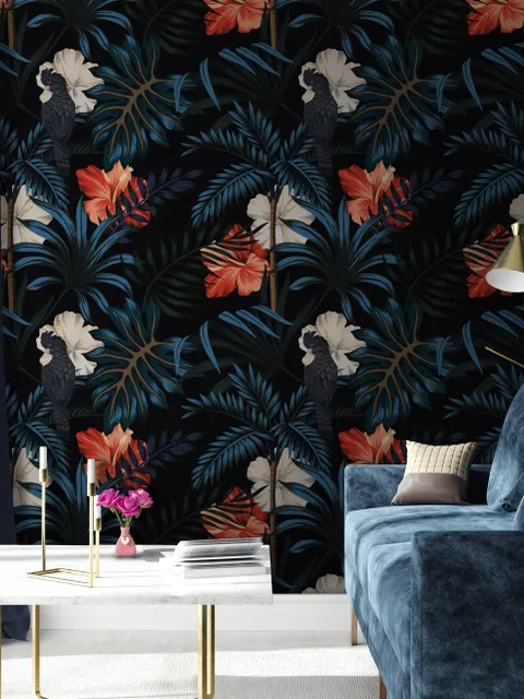 Exotic Leaves with Birds Wallpaper Mural