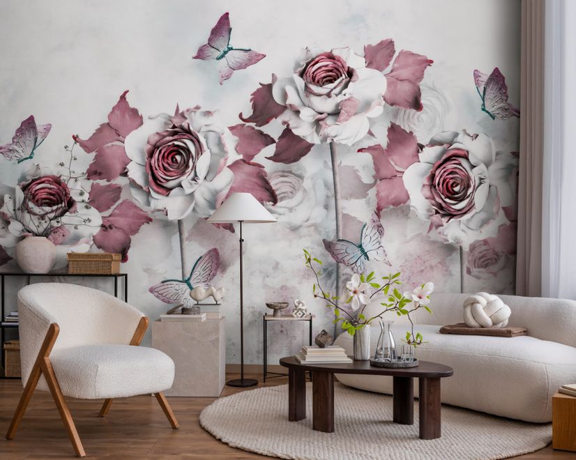 Elegant Floral with Little Butterfly Wallpaper Mural