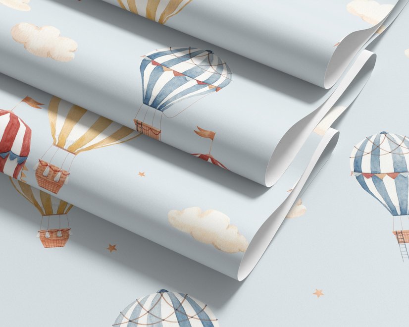 Hot air balloon wallpaper with watercolor balloons, ivory clouds and peach gold stars on pale powder blue