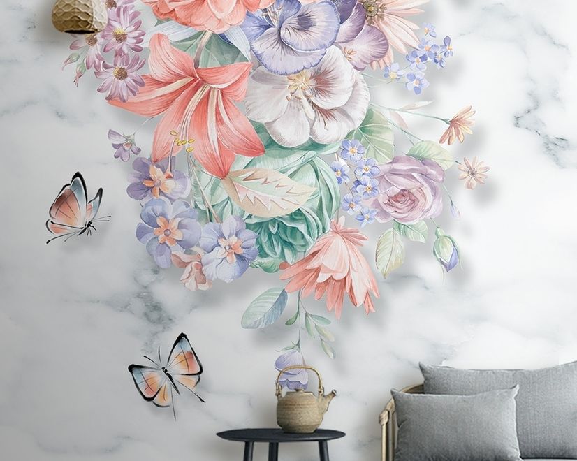 Boho Blumenstrauß mit Marmor Muster Fototapete